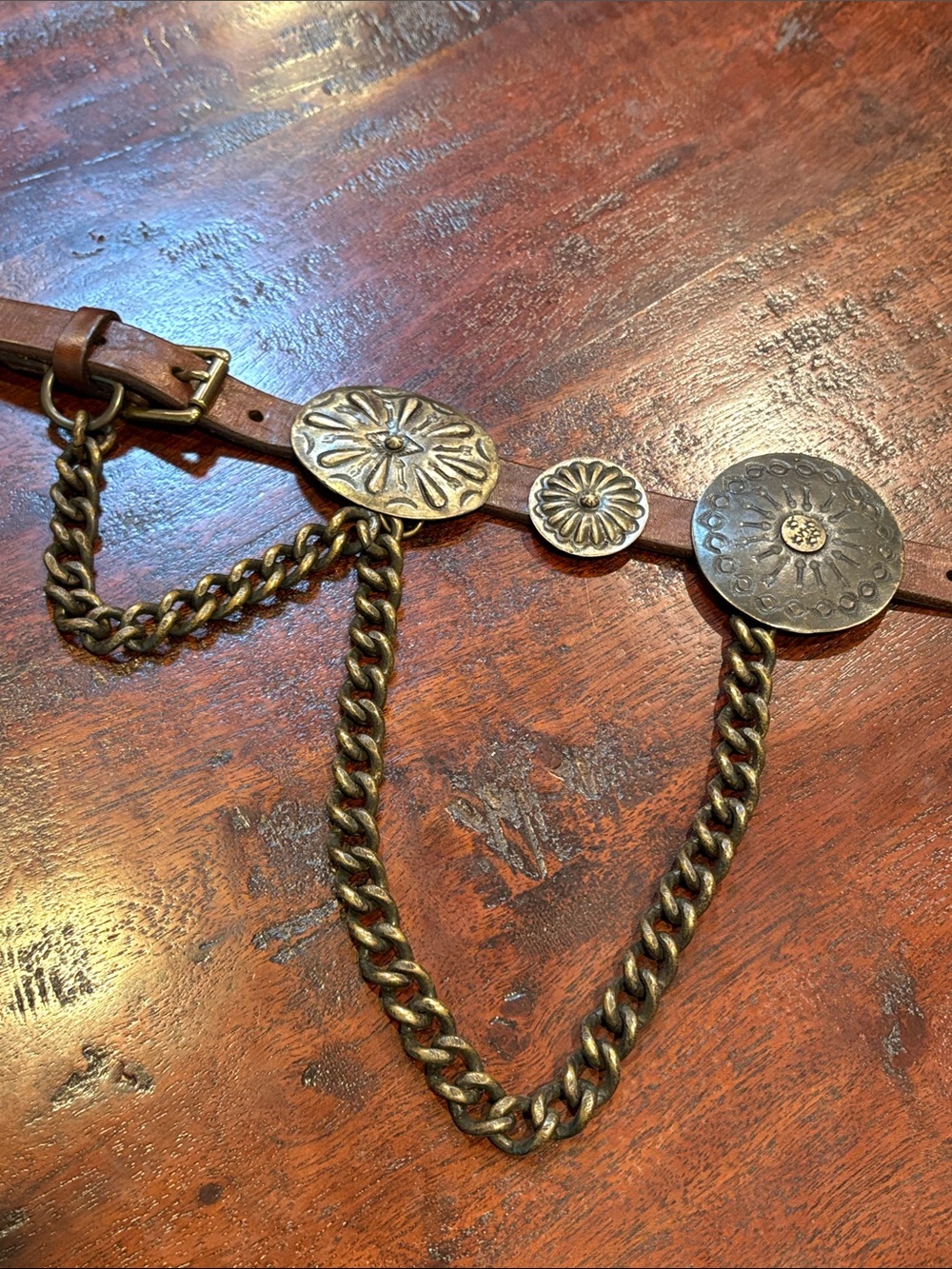 Ralph Lauren Collection Brown Leather Double Buckle Concho Chain Belt size Small - Picture 9 of 16